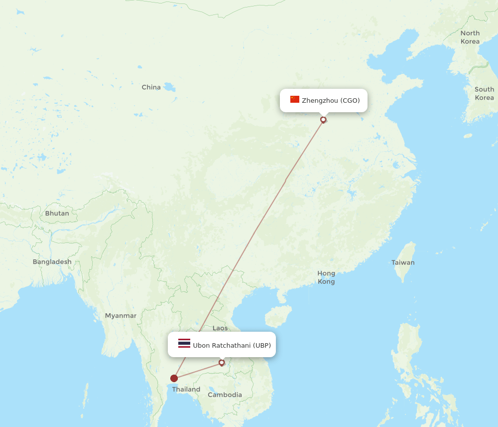 Zhengzhou - Ubon Ratchathani route map and flight paths