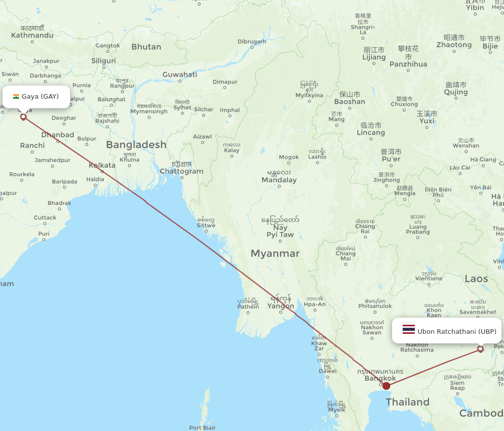 Gaya - Ubon Ratchathani route map and flight paths