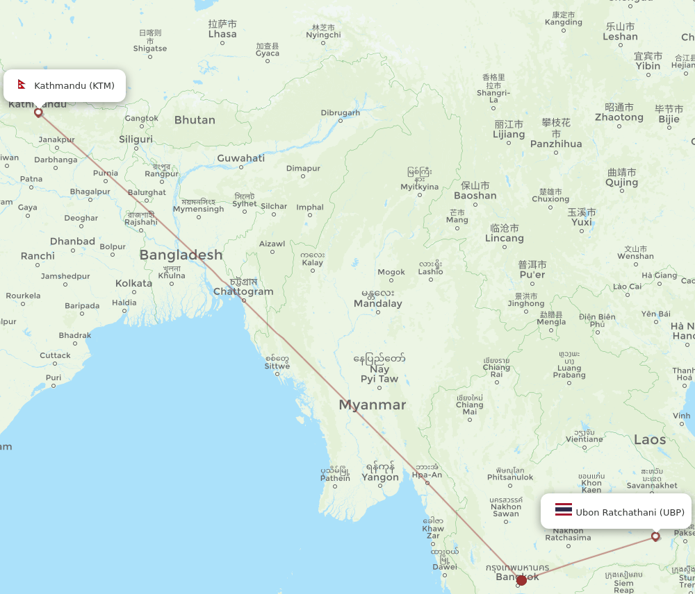 Kathmandu - Ubon Ratchathani route map and flight paths