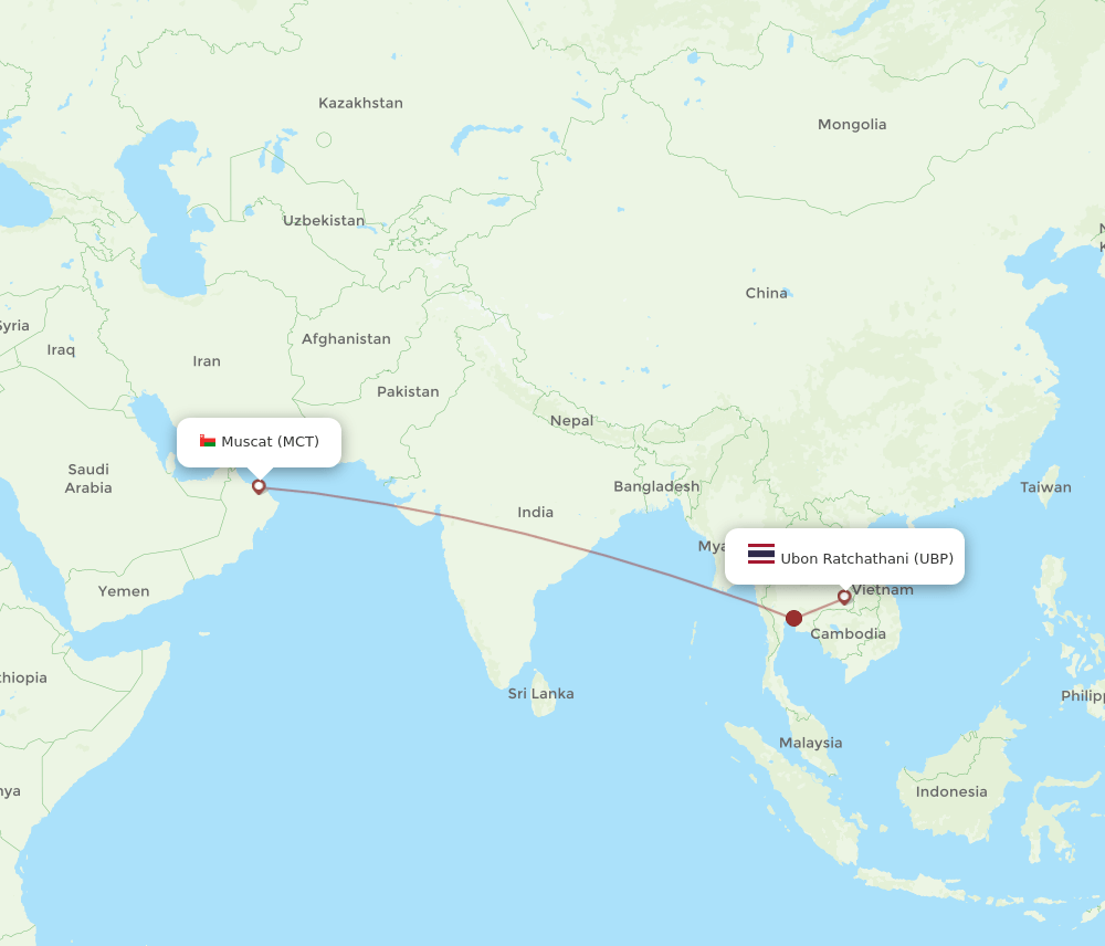 Muscat - Ubon Ratchathani route map and flight paths