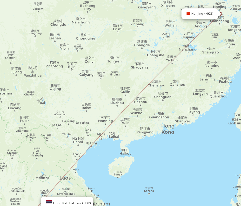 Nanjing - Ubon Ratchathani route map and flight paths