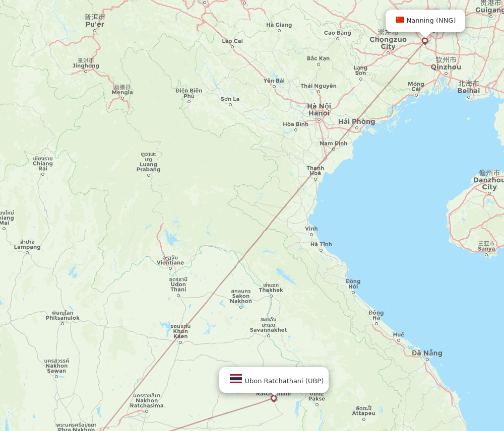 Nanning - Ubon Ratchathani route map and flight paths
