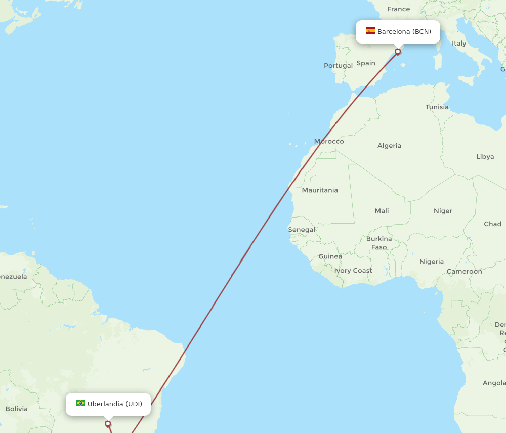 Barcelona - Uberlandia route map and flight paths