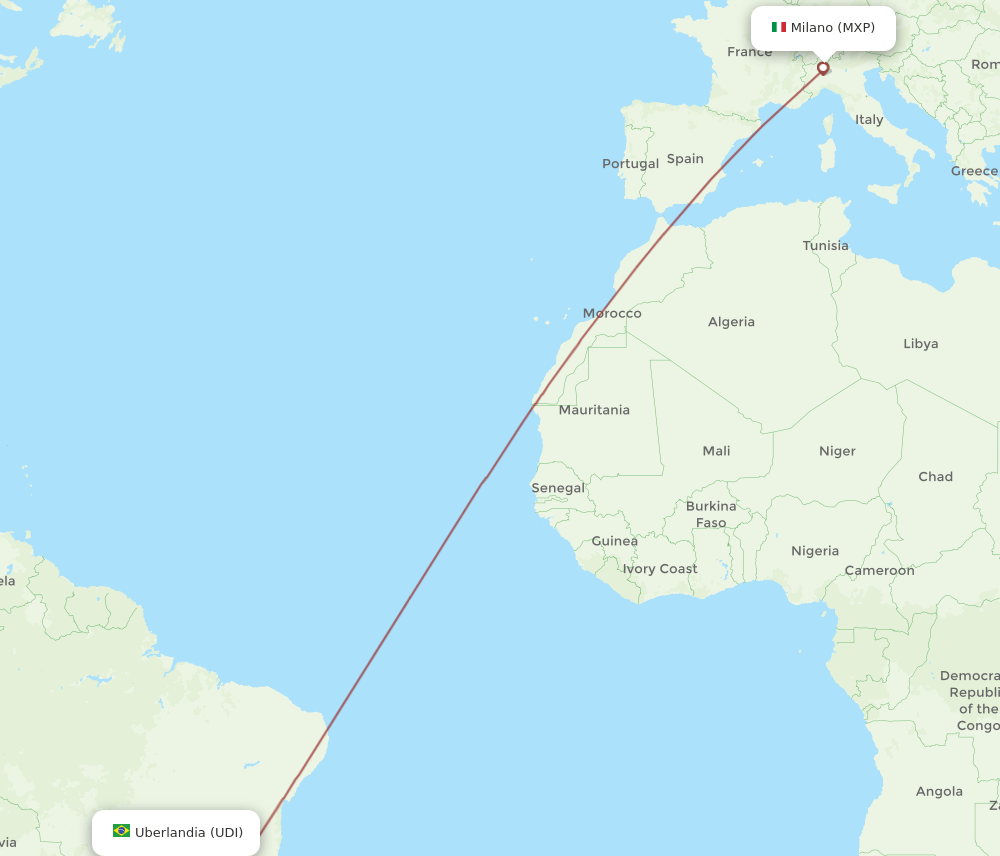 Milan - Uberlandia route map and flight paths