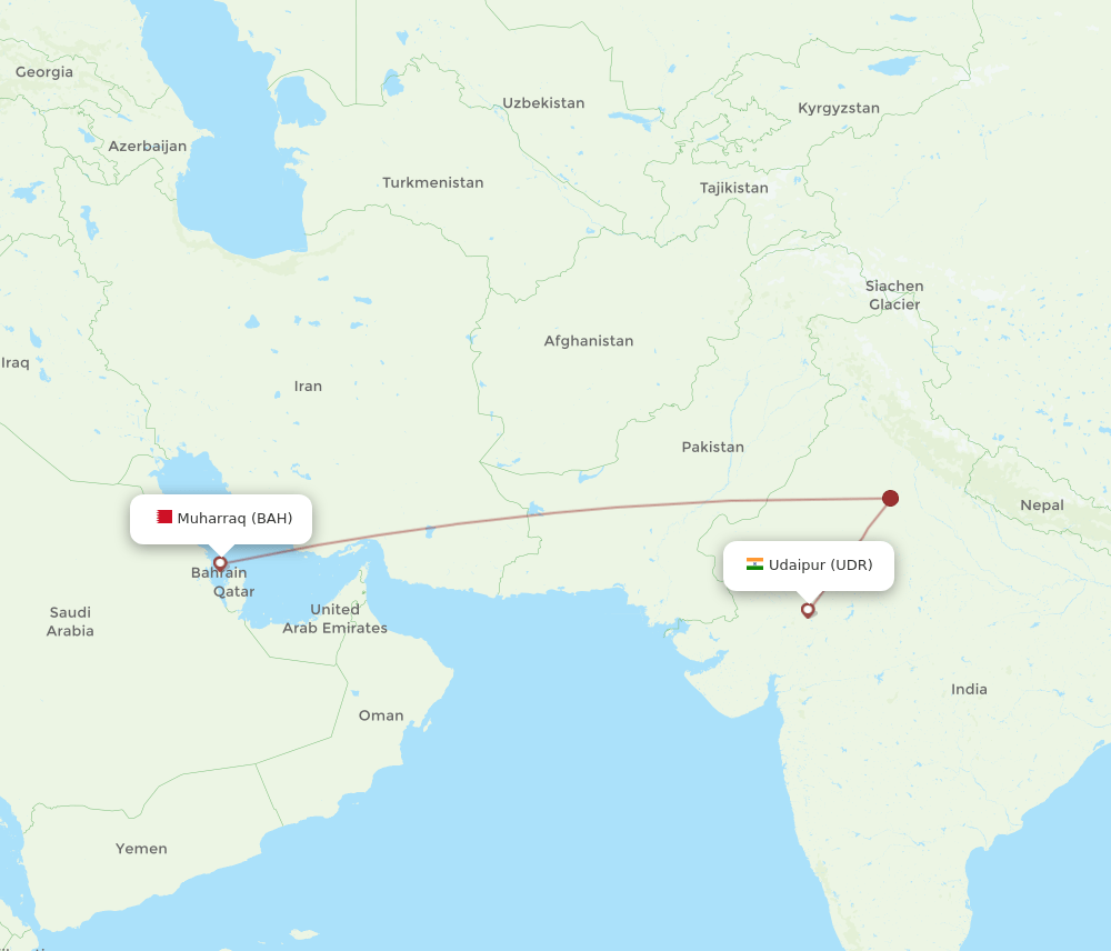 BAH to UDR flights and routes map