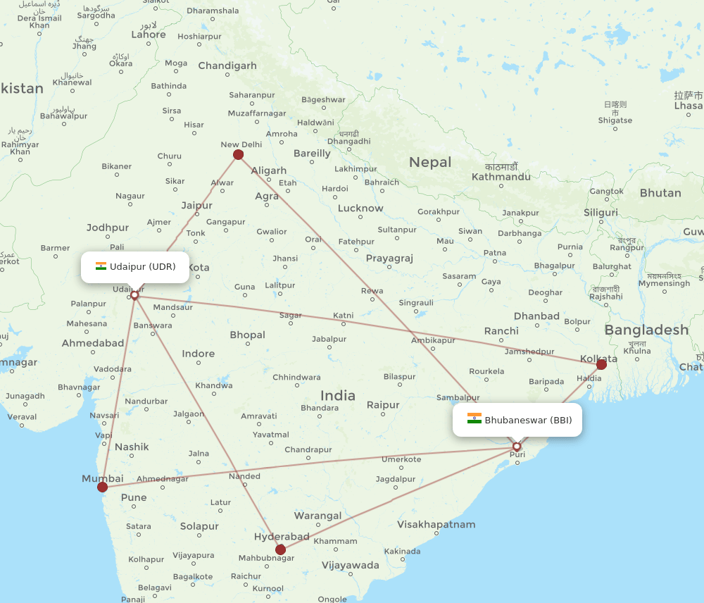 UDR to BBI flights and routes map