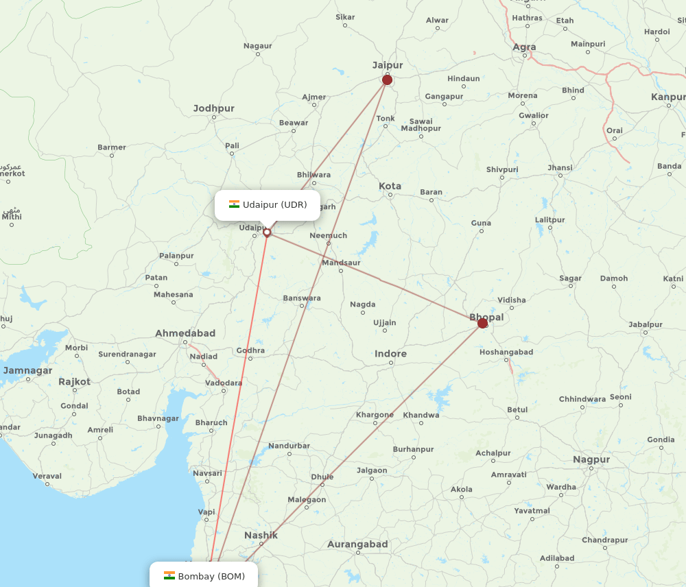 Udaipur - Mumbai route map and flight paths