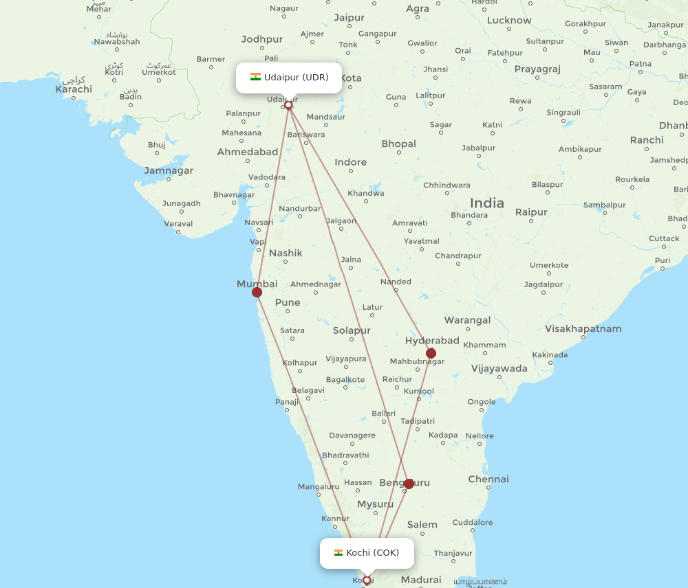 UDR-COK flight routes