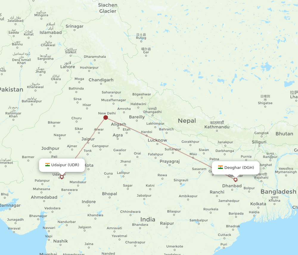 Udaipur - Deoghar route map and flight paths