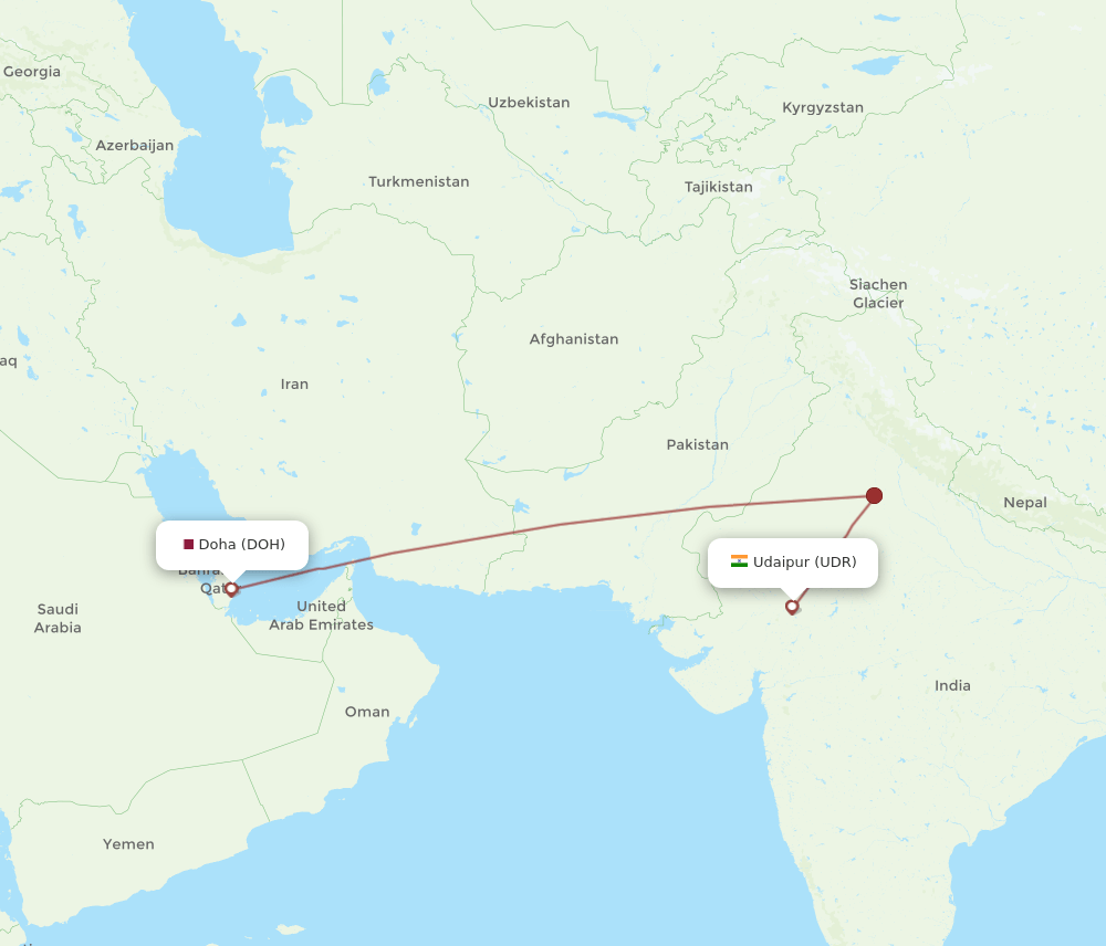 UDR to DOH flights and routes map