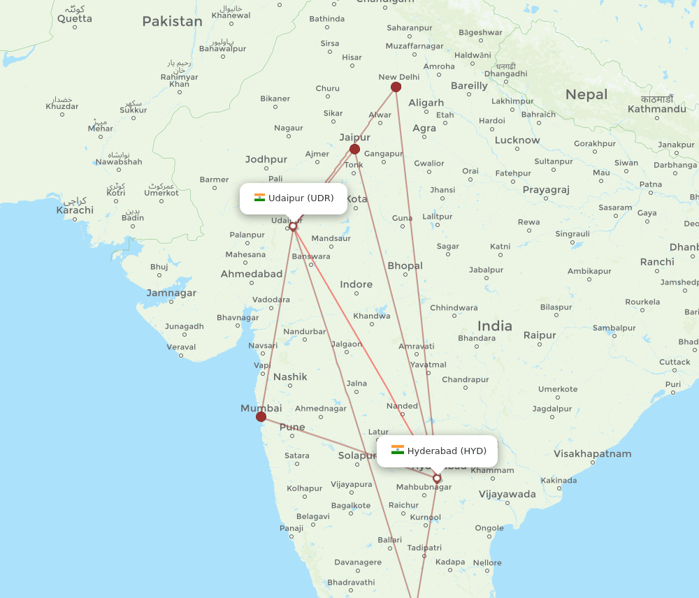 UDR to HYD flights and routes map