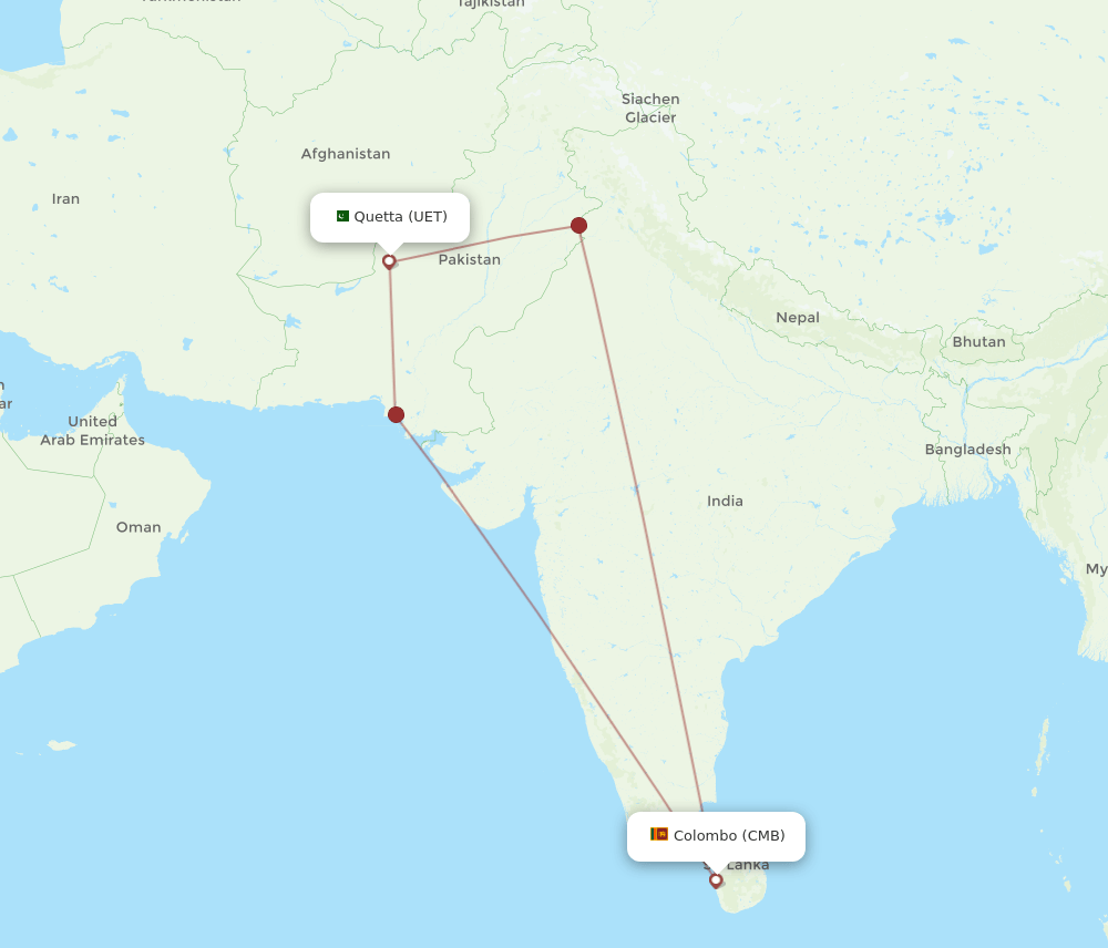 Colombo - Quetta route map and flight paths