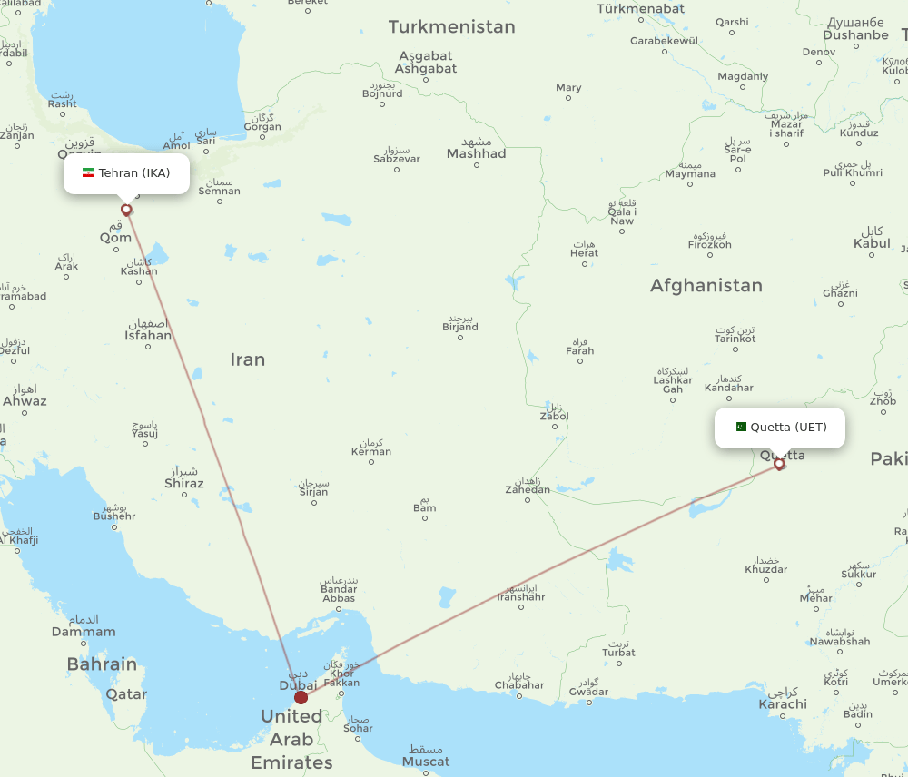 UET to IKA flights and routes map