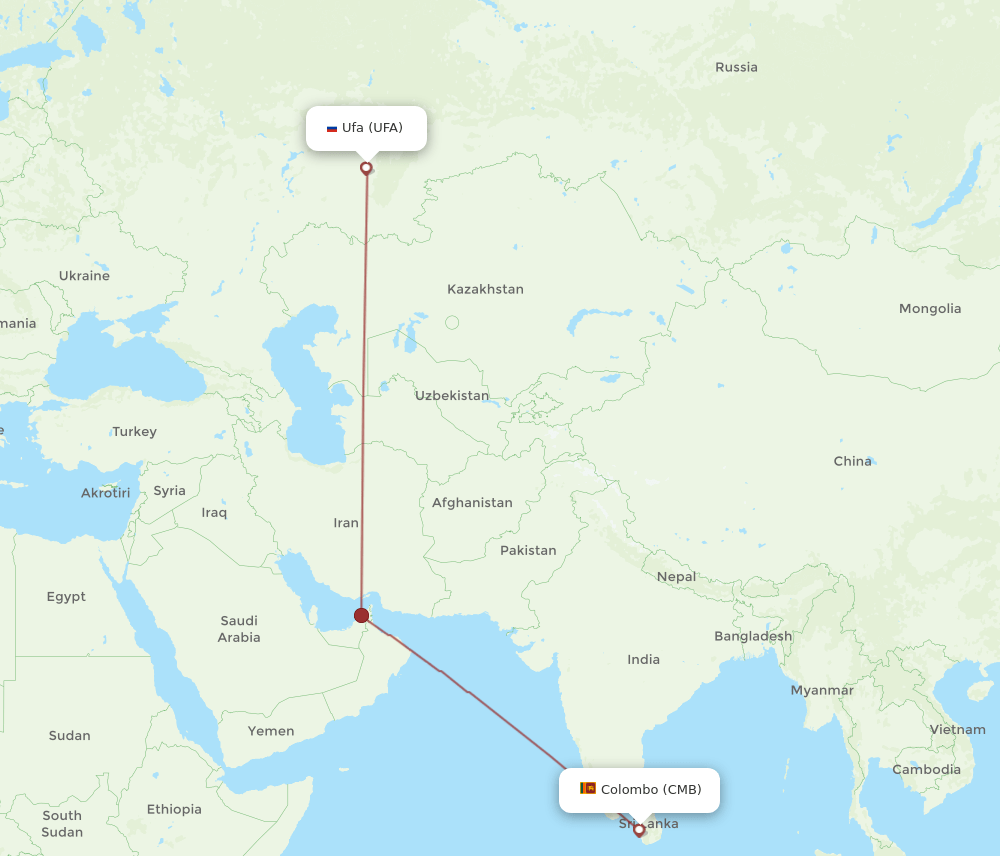Colombo - Ufa route map and flight paths