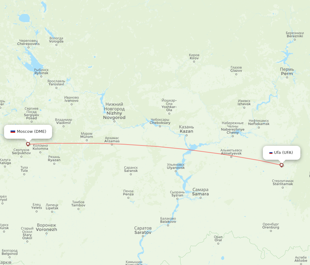 Ufa - Moscow route map and flight paths