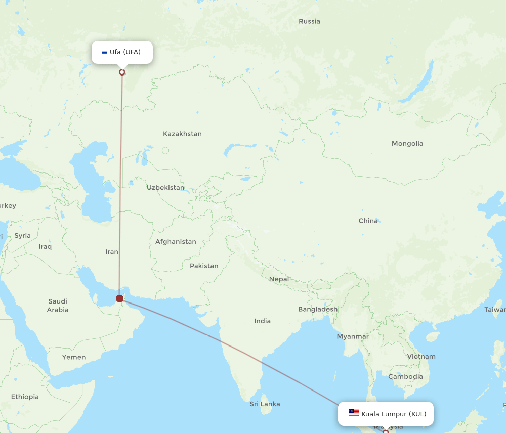 Kuala Lumpur - Ufa route map and flight paths
