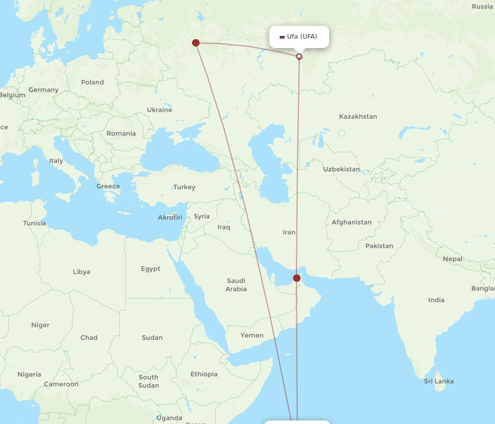 Mahe Island - Ufa route map and flight paths