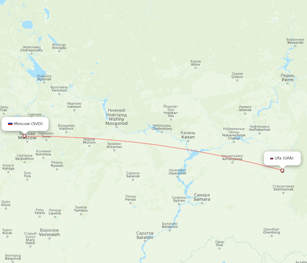 Ufa - Moscow route map and flight paths