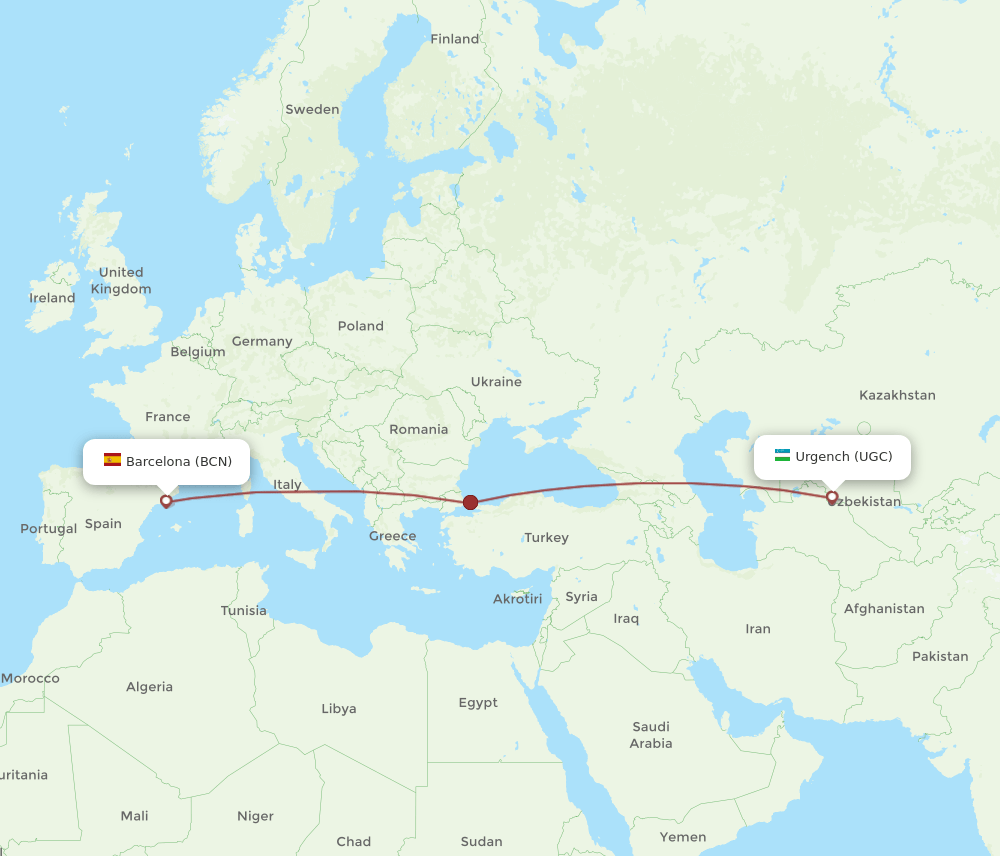 UGC to BCN flights and routes map