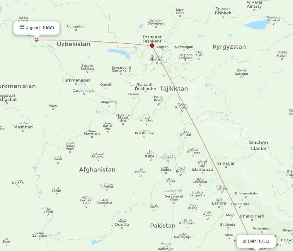 UGC to DEL flights and routes map