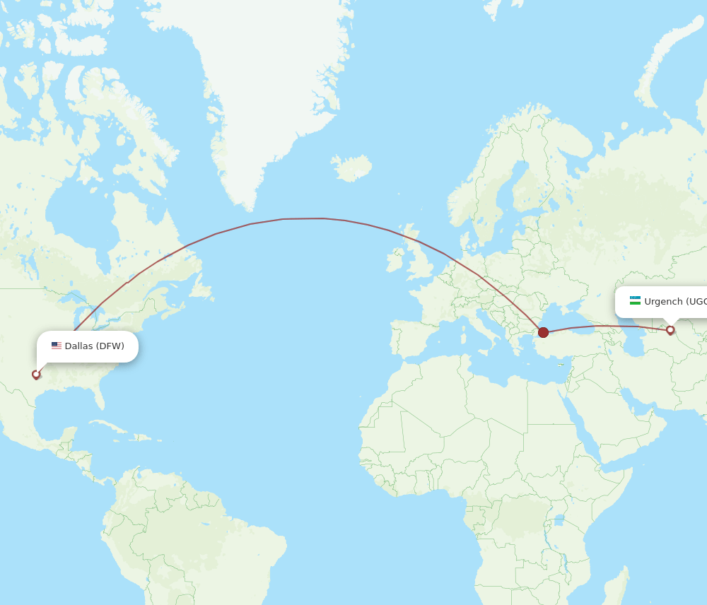 Dallas - Urgench route map and flight paths