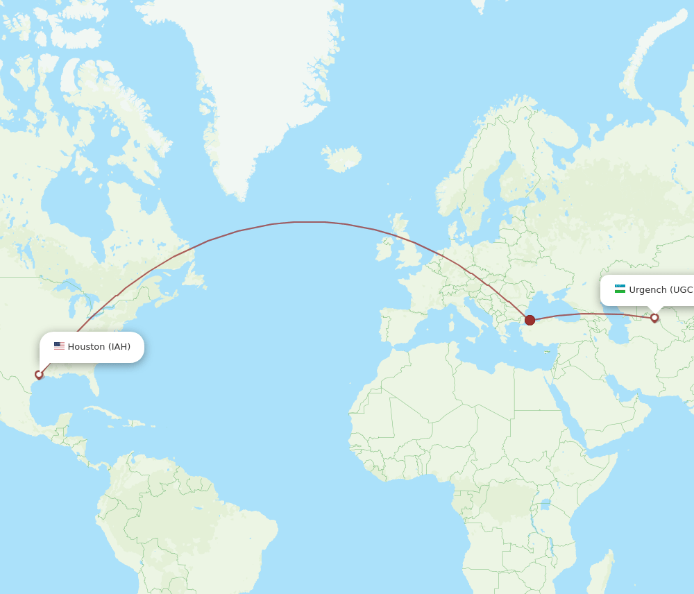 Houston - Urgench route map and flight paths