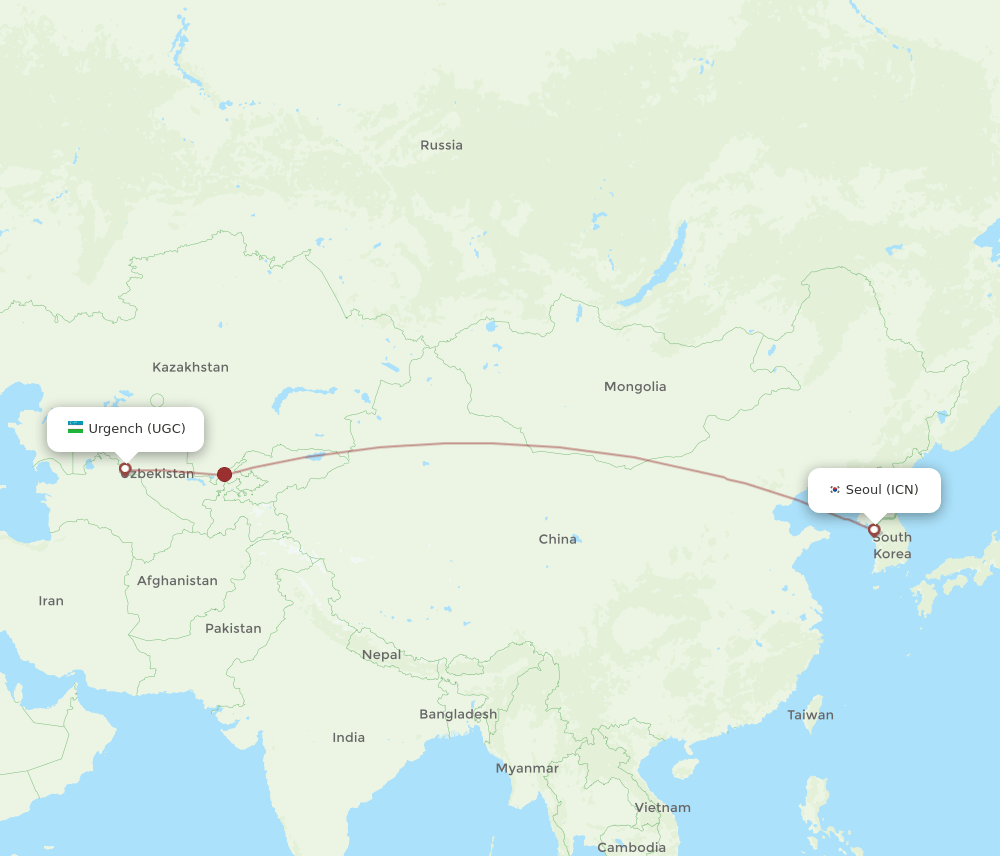 Seoul - Urgench route map and flight paths