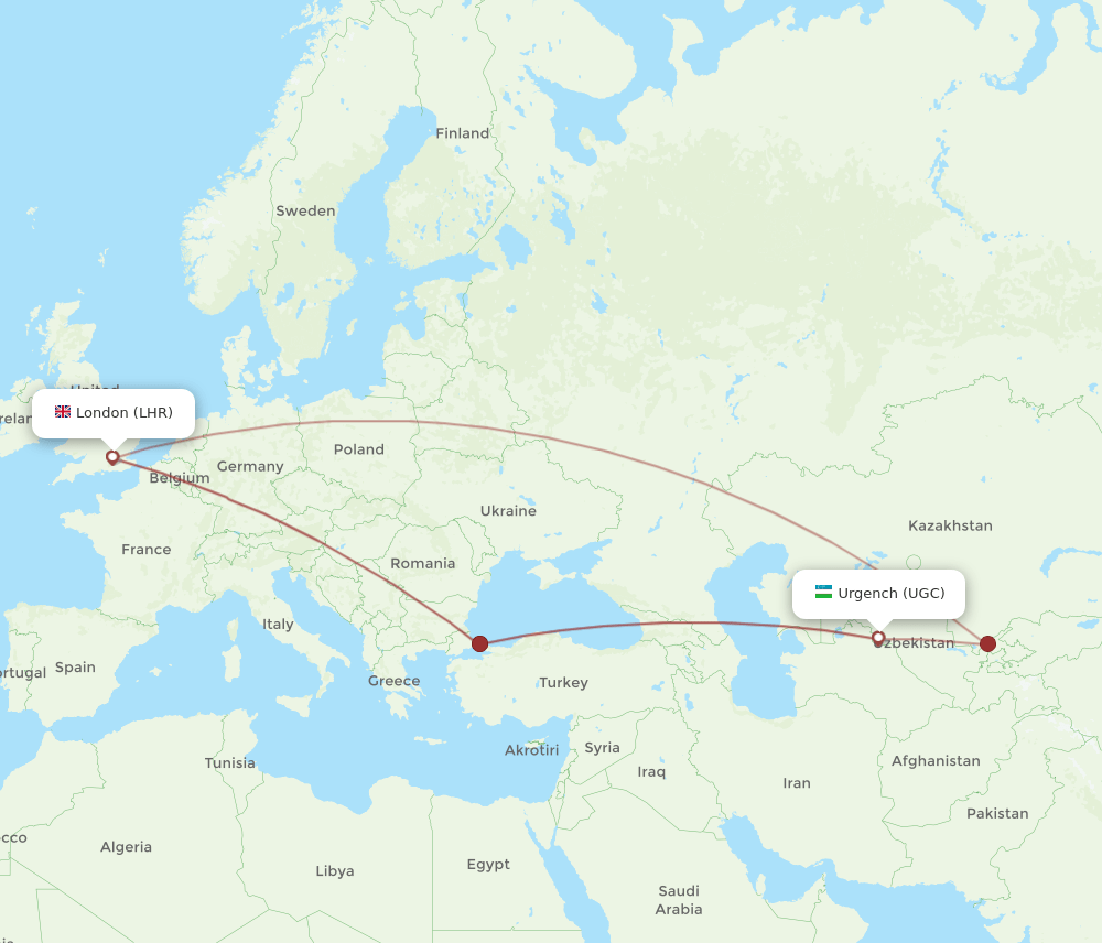 UGC to LHR flights and routes map