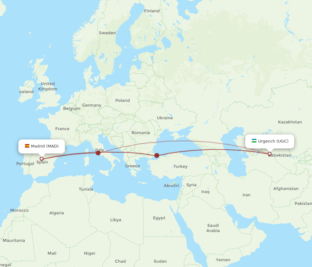 UGC to MAD flights and routes map
