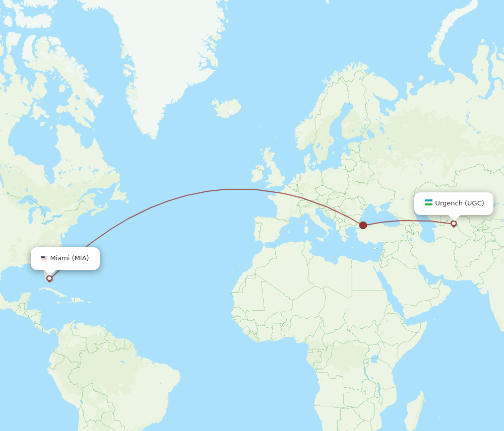 UGC to MIA flights and routes map