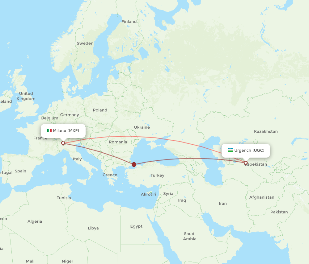UGC to MXP flights and routes map