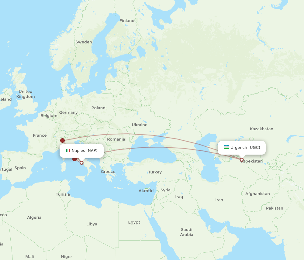 UGC to NAP flights and routes map