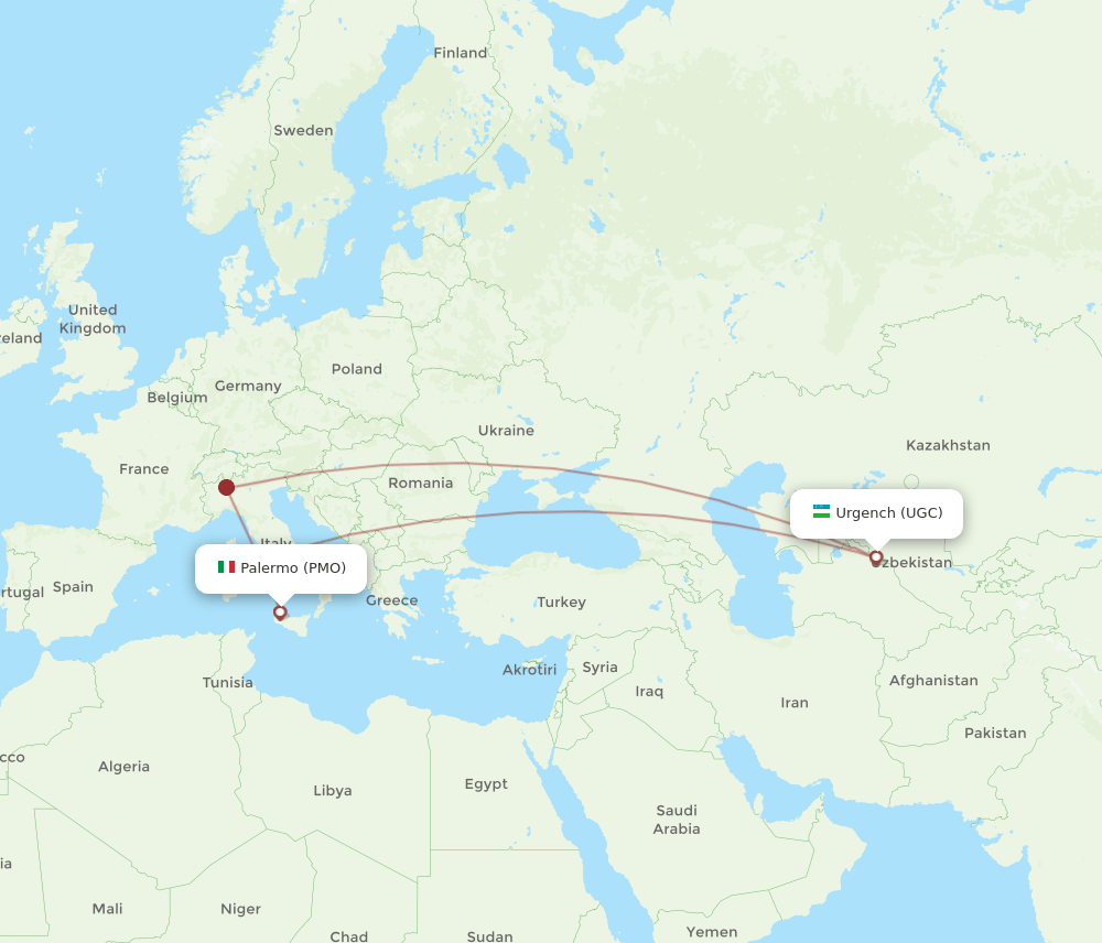 Palermo - Urgench route map and flight paths