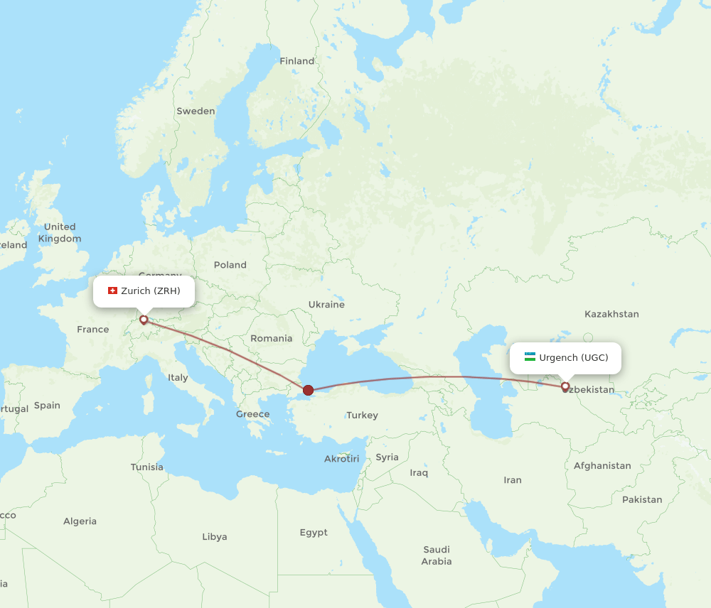 Zurich - Urgench route map and flight paths