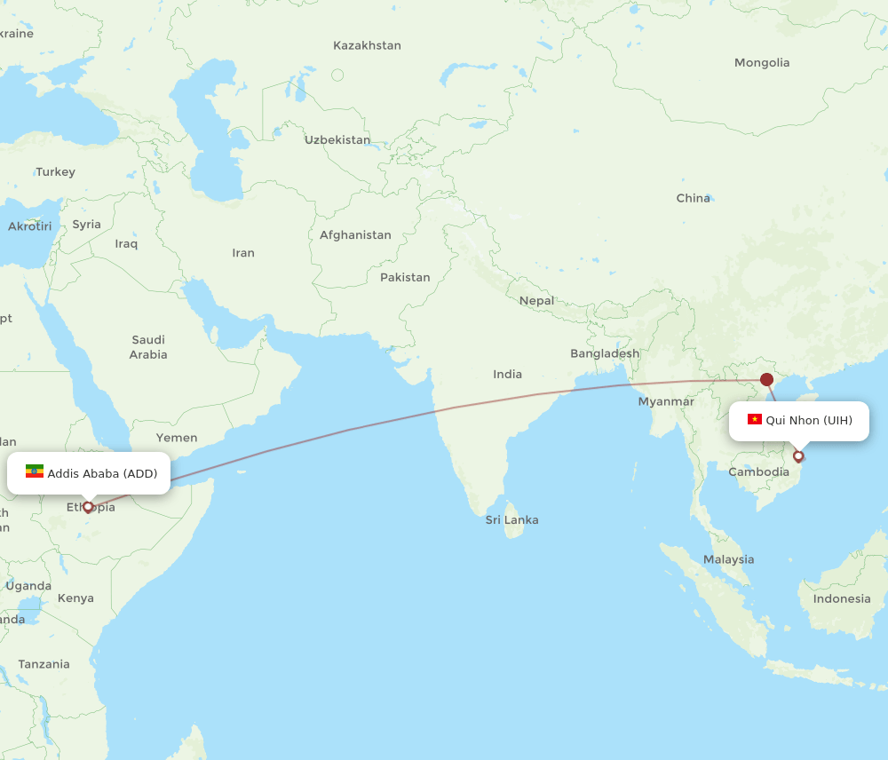 Addis Ababa - Qui Nhon route map and flight paths