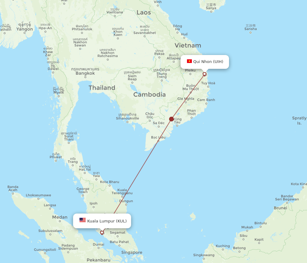 Qui Nhon - Kuala Lumpur route map and flight paths