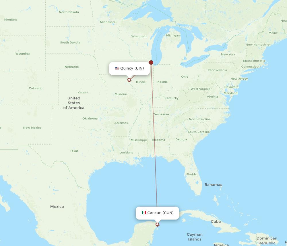 UIN to CUN flights and routes map
