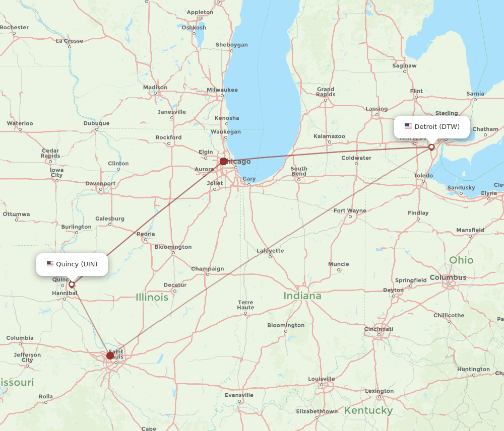 UIN-DTW flight routes