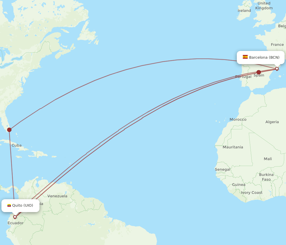 UIO to BCN flights and routes map
