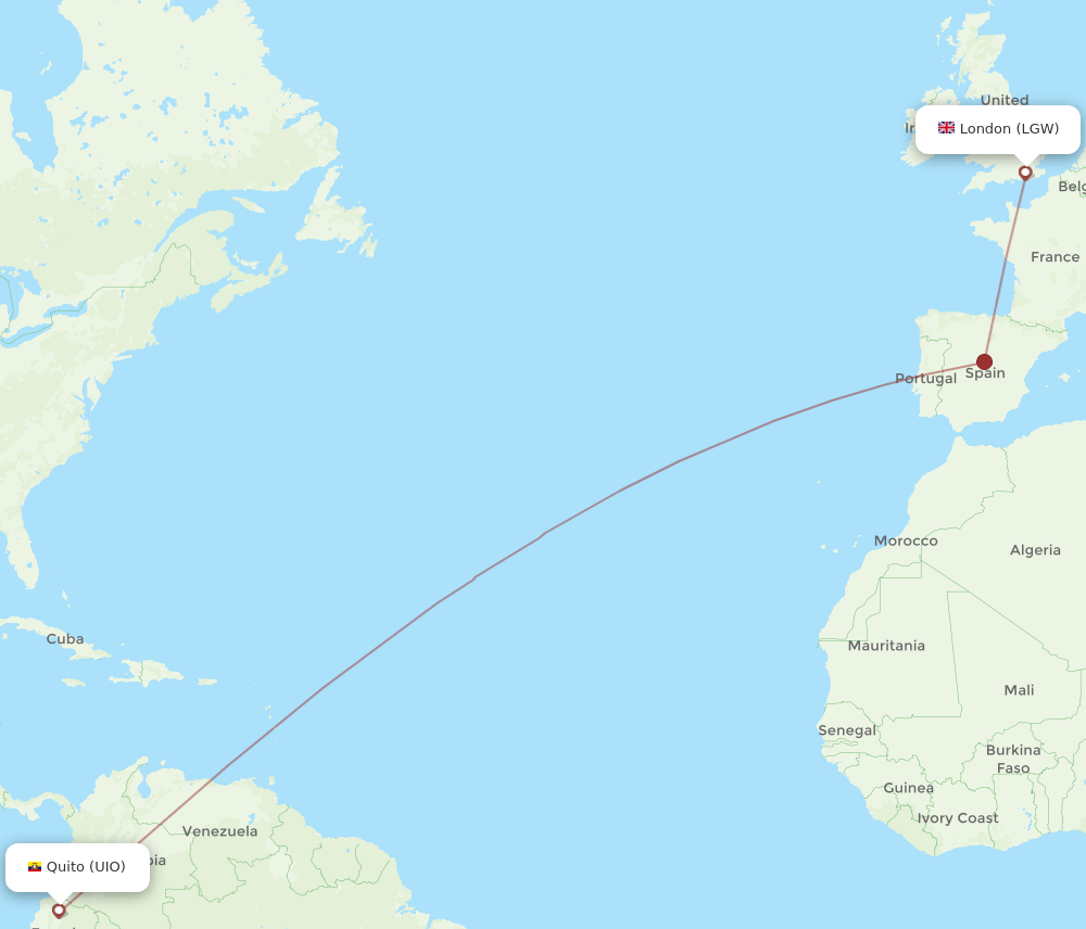 UIO to LGW flights and routes map