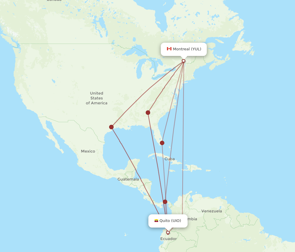 Montreal - Quito route map and flight paths