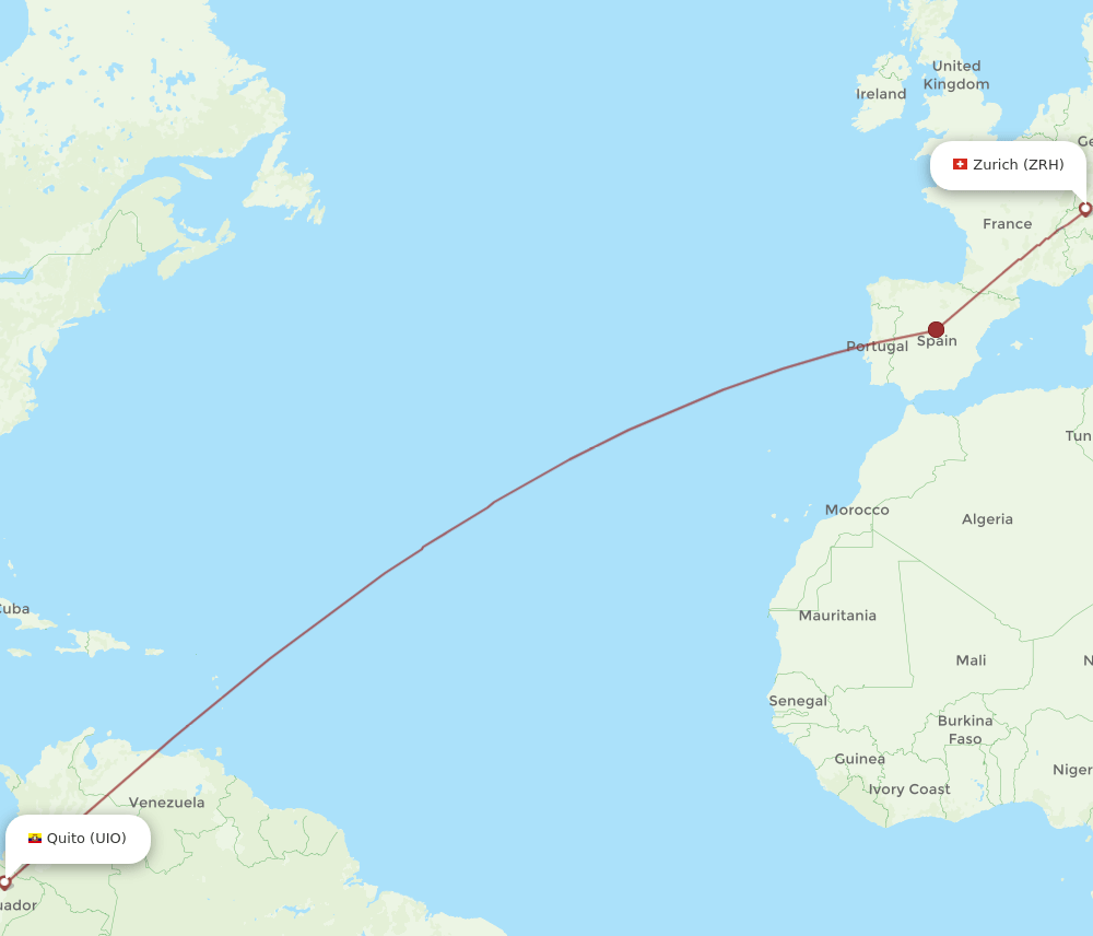 Zurich - Quito route map and flight paths