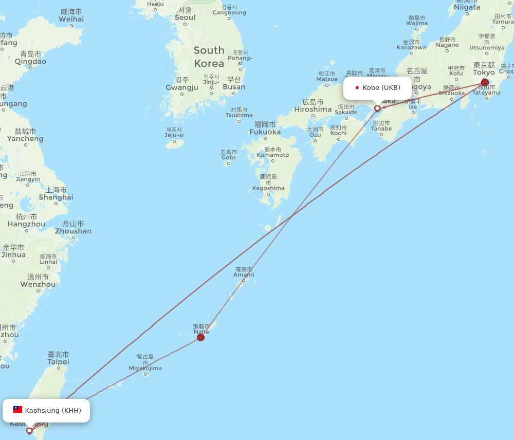 Kaohsiung - Kobe route map and flight paths