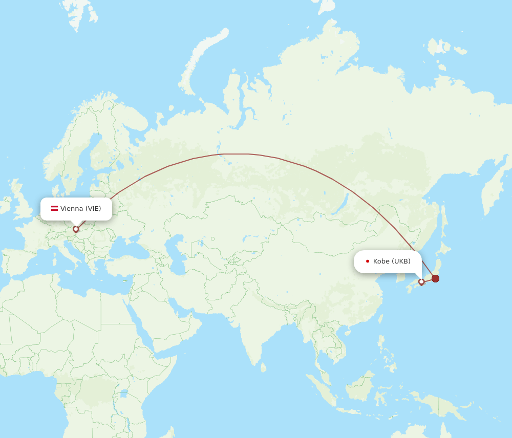 Vienna - Kobe route map and flight paths