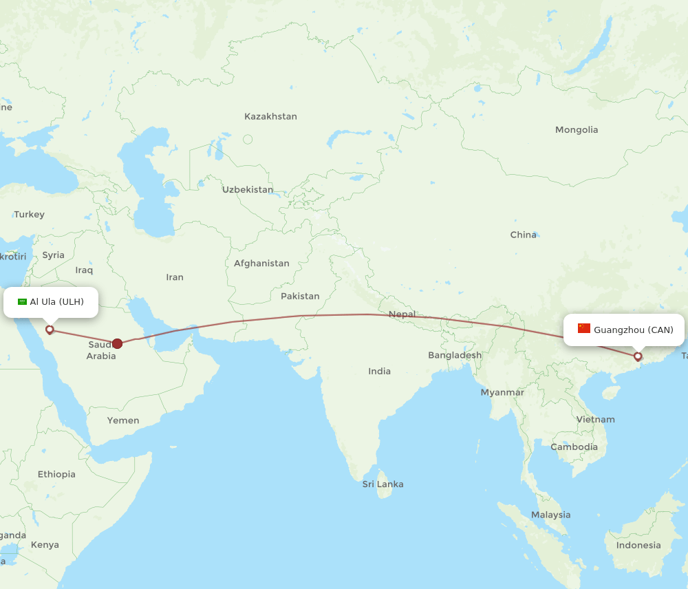 Guangzhou - Al Ula route map and flight paths