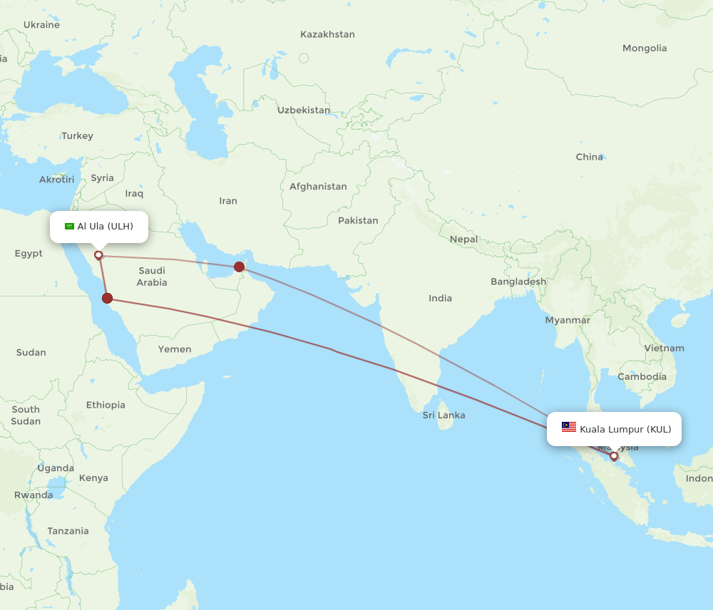 ULH to KUL flights and routes map
