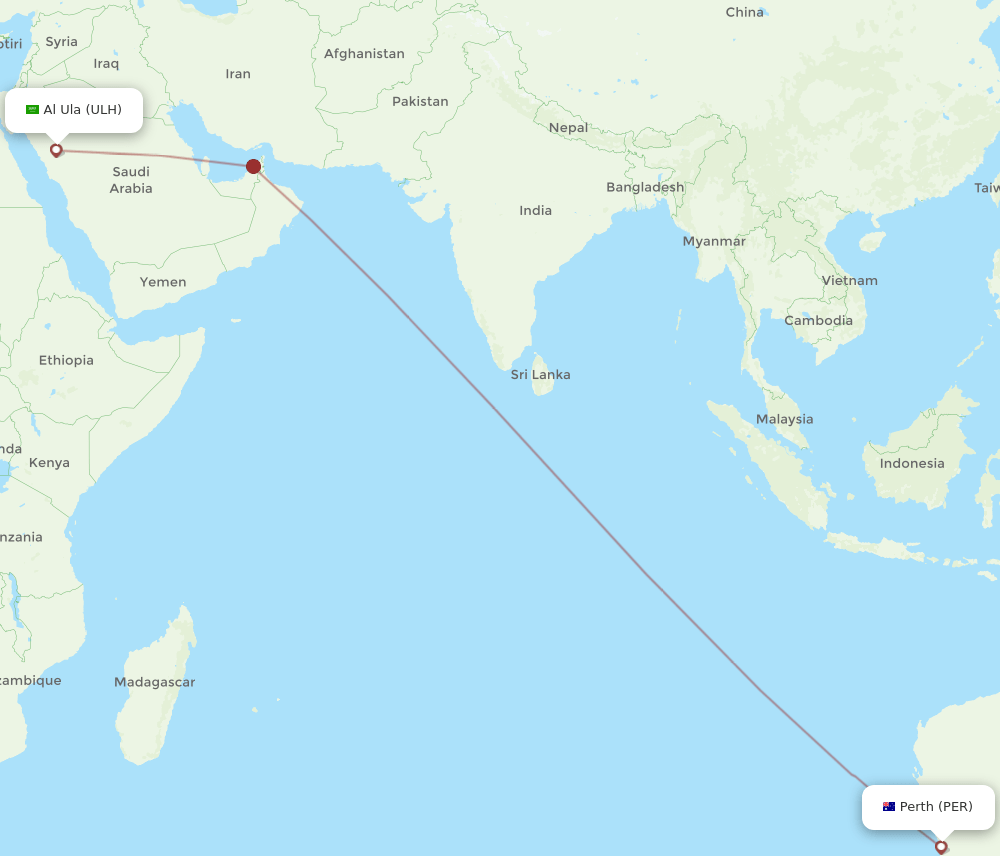 Perth - Al Ula route map and flight paths