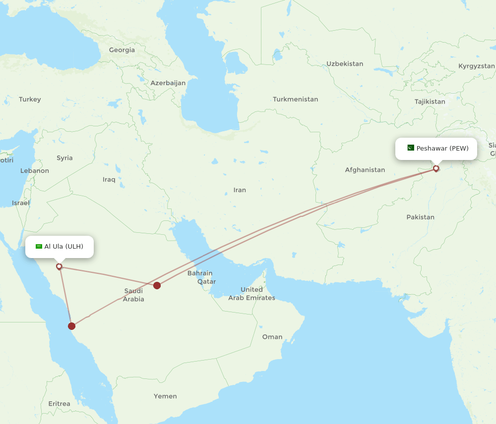 Al Ula - Peshawar route map and flight paths