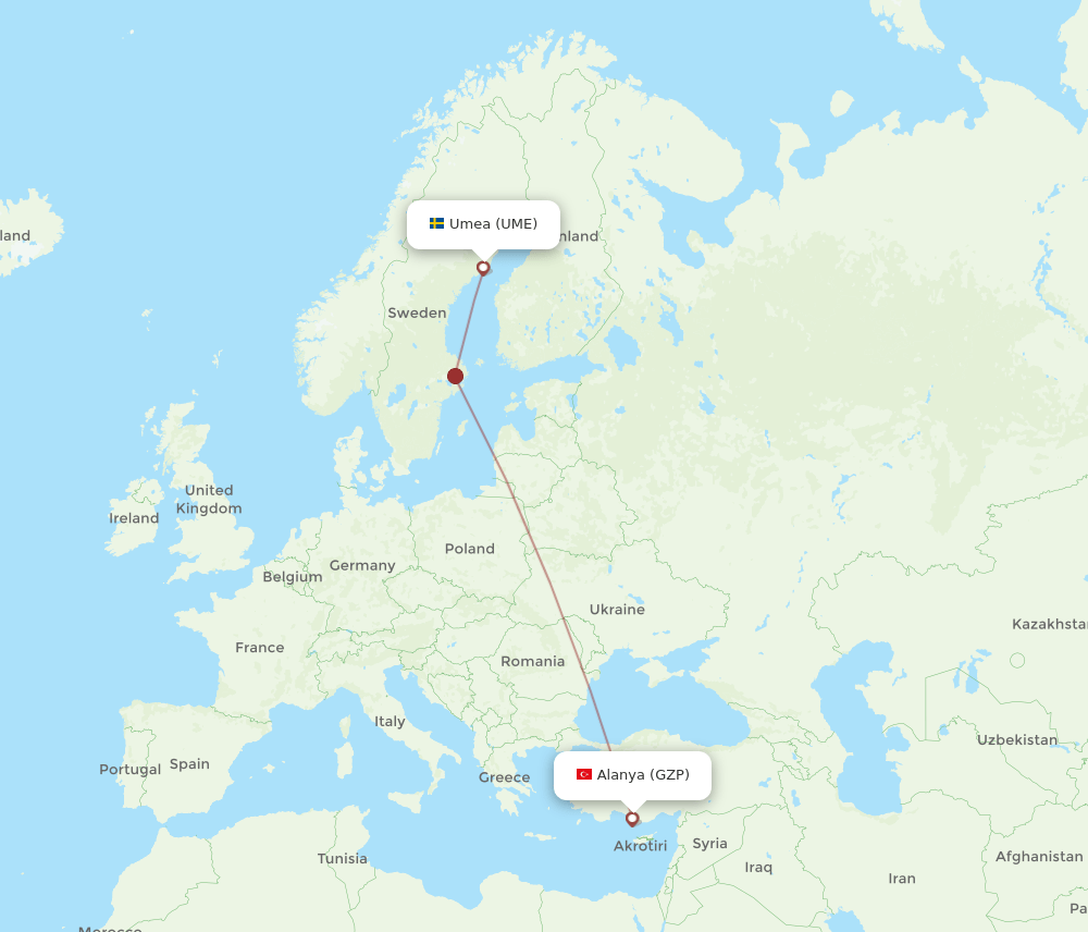 UME to GZP flights and routes map