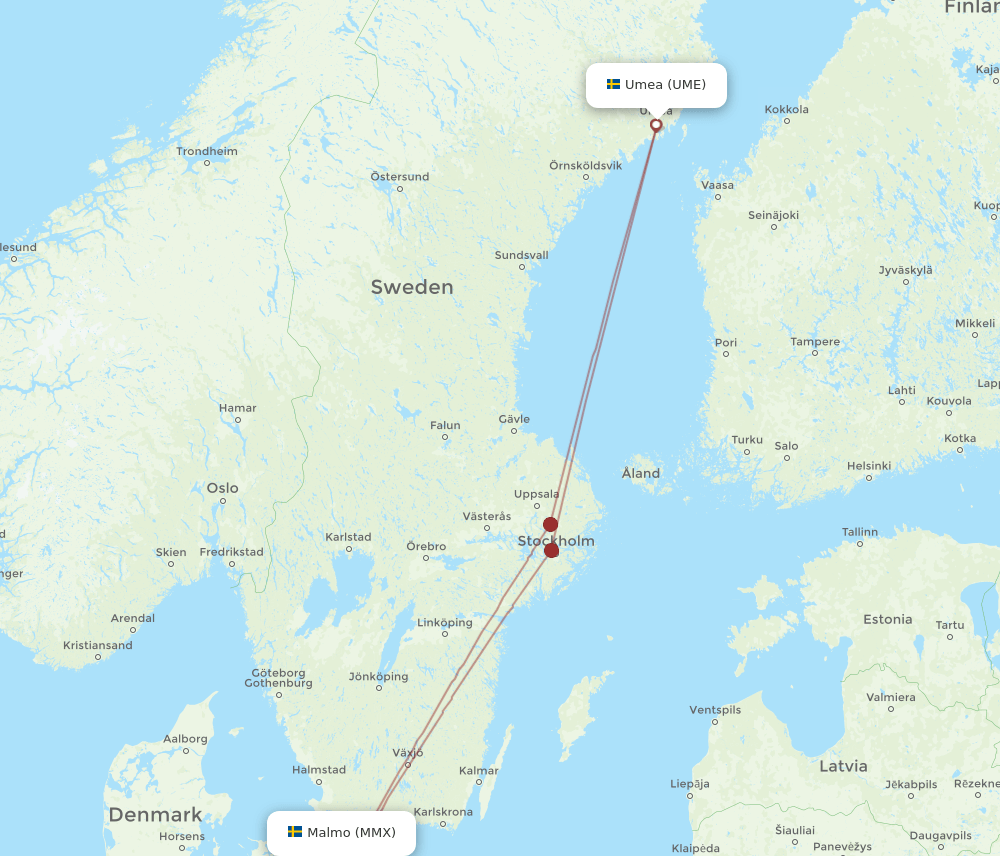 UME to MMX flights and routes map